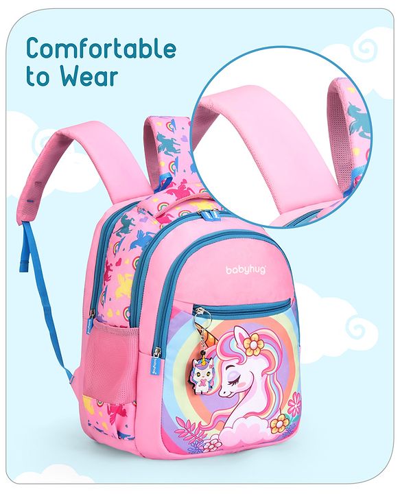 Babyhug Unicorn Print Spacious Backpack With Unicorn Key-Chain|2 Main Compartments, 2 Front Pockets, 2 side Bottle Pockets|Water Resistant|Long lasting and Durable Zippers | Comfortable back cushioning | For School, Travel and Outdoors- 15inches ( St
