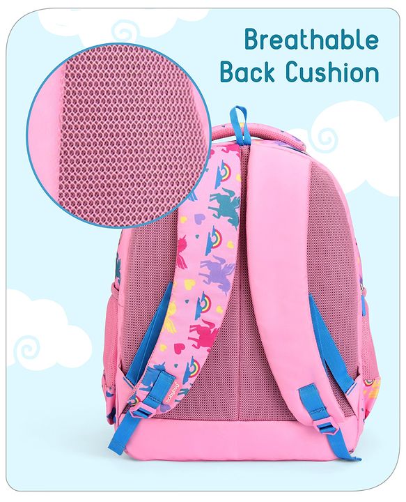 Babyhug Unicorn Print Spacious Backpack With Unicorn Key-Chain|2 Main Compartments, 2 Front Pockets, 2 side Bottle Pockets|Water Resistant|Long lasting and Durable Zippers | Comfortable back cushioning | For School, Travel and Outdoors- 15inches ( St