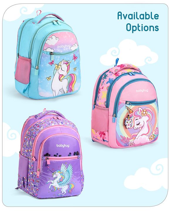 Babyhug Unicorn Print Spacious Backpack With Unicorn Key-Chain|2 Main Compartments, 2 Front Pockets, 2 side Bottle Pockets|Water Resistant|Long lasting and Durable Zippers | Comfortable back cushioning | For School, Travel and Outdoors- 15inches ( St