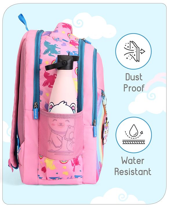 Babyhug Unicorn Print Spacious Backpack With Unicorn Key-Chain|2 Main Compartments, 2 Front Pockets, 2 side Bottle Pockets|Water Resistant|Long lasting and Durable Zippers | Comfortable back cushioning | For School, Travel and Outdoors- 15inches ( St