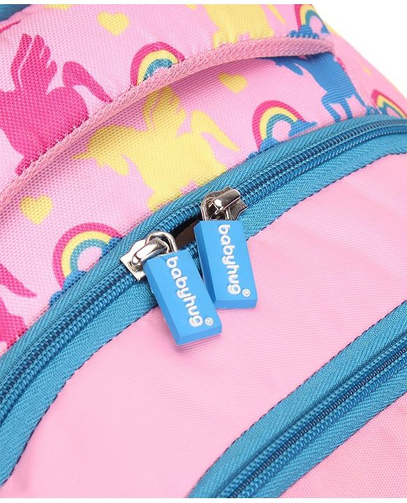 Babyhug Unicorn Print Spacious Backpack With Unicorn Key-Chain|2 Main Compartments, 2 Front Pockets, 2 side Bottle Pockets|Water Resistant|Long lasting and Durable Zippers | Comfortable back cushioning | For School, Travel and Outdoors- 15inches ( St