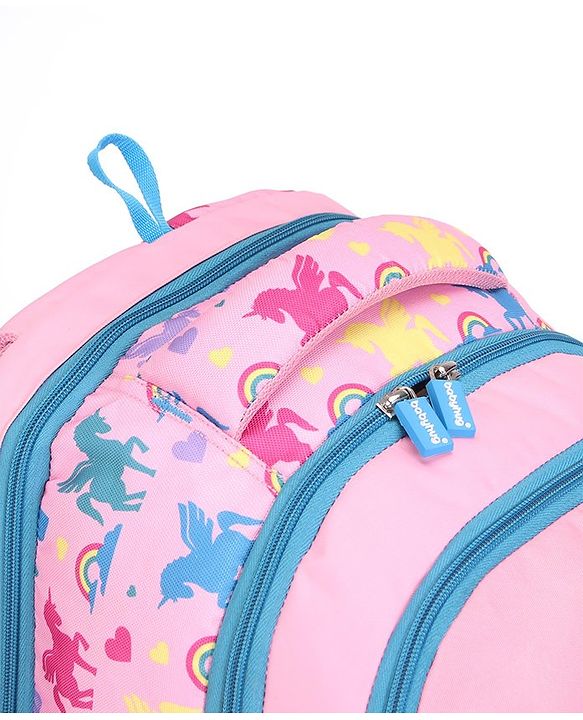 Babyhug Unicorn Print Spacious Backpack With Unicorn Key-Chain|2 Main Compartments, 2 Front Pockets, 2 side Bottle Pockets|Water Resistant|Long lasting and Durable Zippers | Comfortable back cushioning | For School, Travel and Outdoors- 15inches ( St