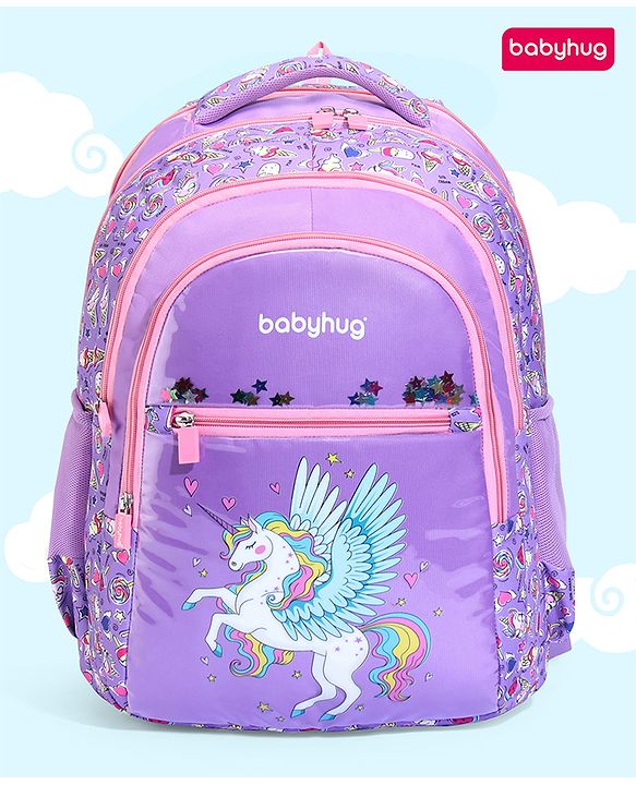 Babyhug Unicorn Print School Backpack|2 Main Compartments, 2 Front Pockets, 2 side Bottle Pockets|Water Resistant|Long lasting and Durable Zippers | Comfortable back cushioning | For School, Travel and Outdoors|Blue- 15inches