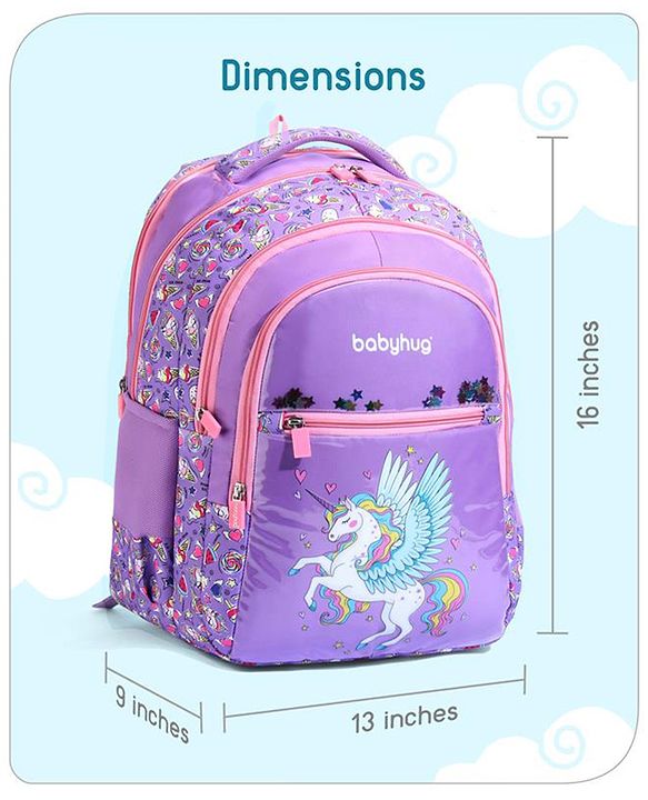 Babyhug Unicorn Print School Backpack|2 Main Compartments, 2 Front Pockets, 2 side Bottle Pockets|Water Resistant|Long lasting and Durable Zippers | Comfortable back cushioning | For School, Travel and Outdoors|Blue- 15inches
