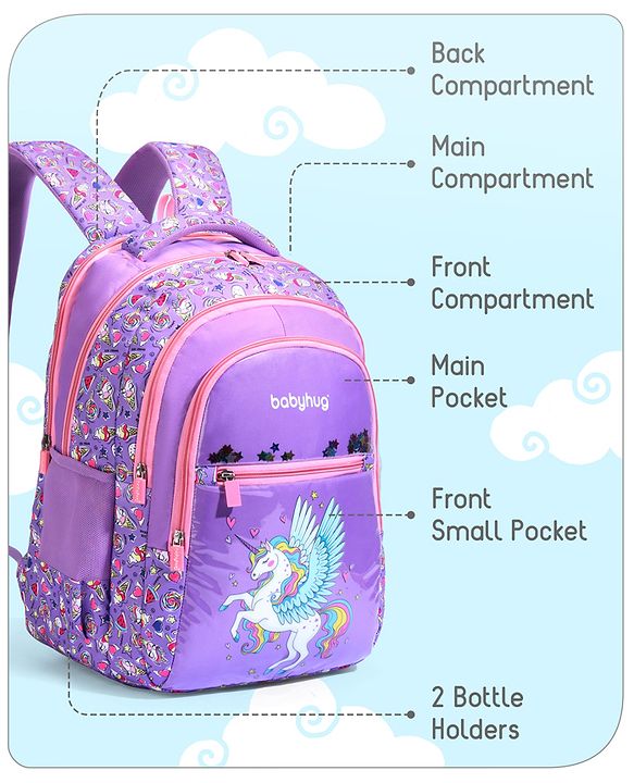 Babyhug Unicorn Print School Backpack|2 Main Compartments, 2 Front Pockets, 2 side Bottle Pockets|Water Resistant|Long lasting and Durable Zippers | Comfortable back cushioning | For School, Travel and Outdoors|Blue- 15inches