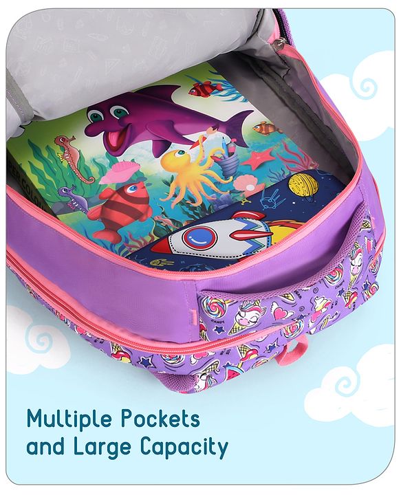 Babyhug Unicorn Print School Backpack|2 Main Compartments, 2 Front Pockets, 2 side Bottle Pockets|Water Resistant|Long lasting and Durable Zippers | Comfortable back cushioning | For School, Travel and Outdoors|Blue- 15inches