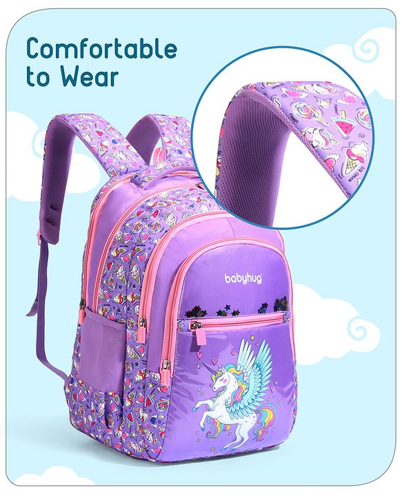 Babyhug Unicorn Print School Backpack|2 Main Compartments, 2 Front Pockets, 2 side Bottle Pockets|Water Resistant|Long lasting and Durable Zippers | Comfortable back cushioning | For School, Travel and Outdoors|Blue- 15inches