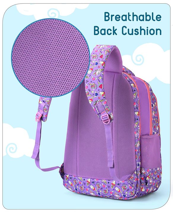 Babyhug Unicorn Print School Backpack|2 Main Compartments, 2 Front Pockets, 2 side Bottle Pockets|Water Resistant|Long lasting and Durable Zippers | Comfortable back cushioning | For School, Travel and Outdoors|Blue- 15inches