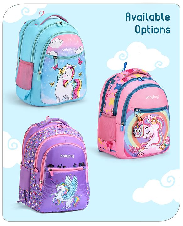 Babyhug Unicorn Print School Backpack|2 Main Compartments, 2 Front Pockets, 2 side Bottle Pockets|Water Resistant|Long lasting and Durable Zippers | Comfortable back cushioning | For School, Travel and Outdoors|Blue- 15inches