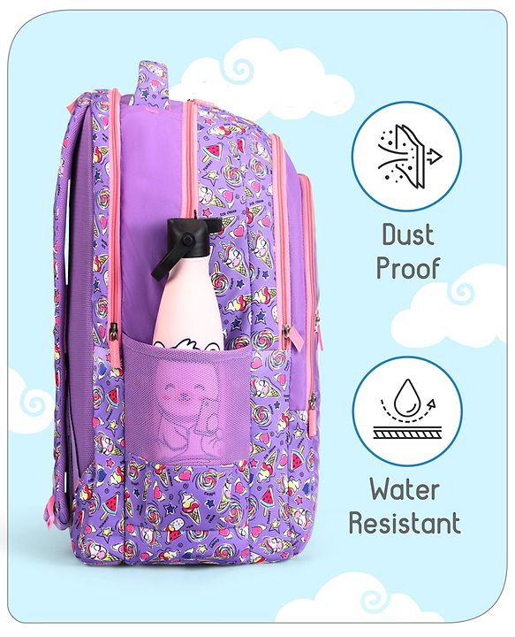Babyhug Unicorn Print School Backpack|2 Main Compartments, 2 Front Pockets, 2 side Bottle Pockets|Water Resistant|Long lasting and Durable Zippers | Comfortable back cushioning | For School, Travel and Outdoors|Blue- 15inches