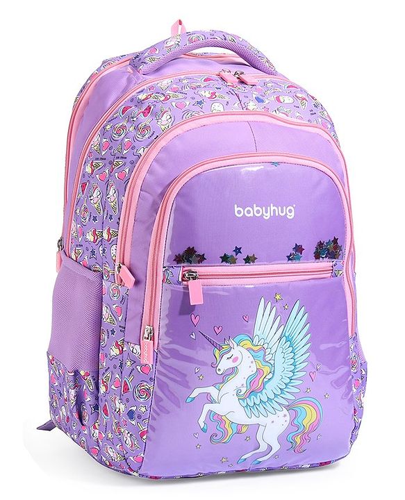 Babyhug Unicorn Print School Backpack|2 Main Compartments, 2 Front Pockets, 2 side Bottle Pockets|Water Resistant|Long lasting and Durable Zippers | Comfortable back cushioning | For School, Travel and Outdoors|Blue- 15inches