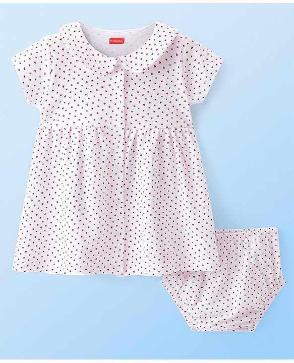 Babyhug Interlock Knit Half Sleeves Frock with Bloomer Heart Print - White