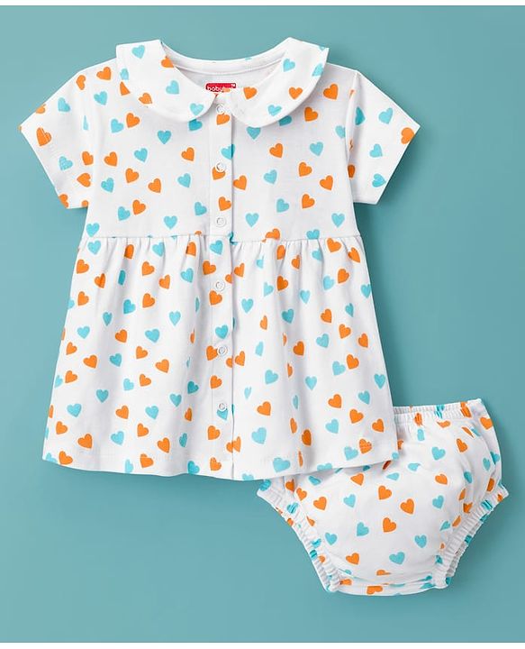 Babyhug Interlock Cotton Knit Half Sleeves Heart Printed Frock with Bloomer & Peterpan Collar - White & Pink