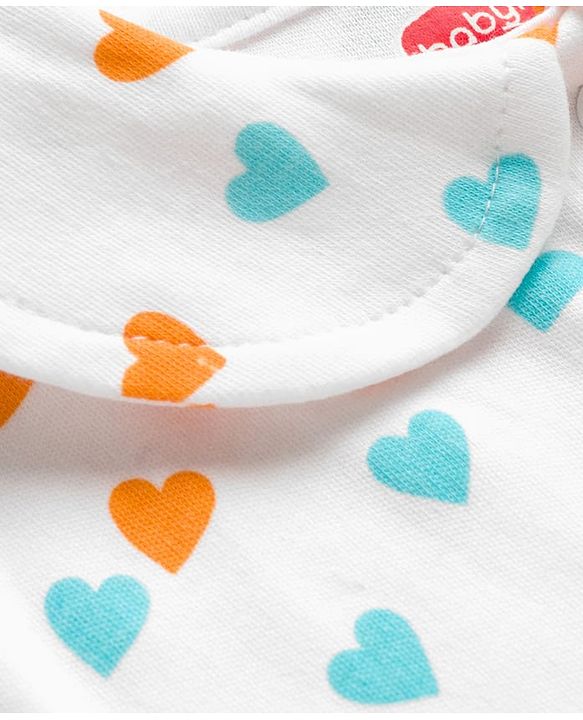 Babyhug Interlock Cotton Knit Half Sleeves Heart Printed Frock with Bloomer & Peterpan Collar - White & Pink