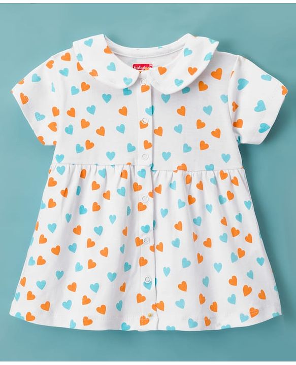 Babyhug Interlock Cotton Knit Half Sleeves Heart Printed Frock with Bloomer & Peterpan Collar - White & Pink