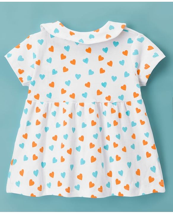 Babyhug Interlock Cotton Knit Half Sleeves Heart Printed Frock with Bloomer & Peterpan Collar - White & Pink