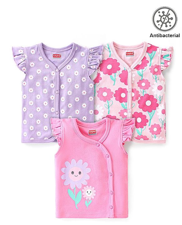Babyhug 100% Cotton Knit Anti Bacterial Frill Sleeves Vests With Floral Print Pack of 3 - Pink & Purple