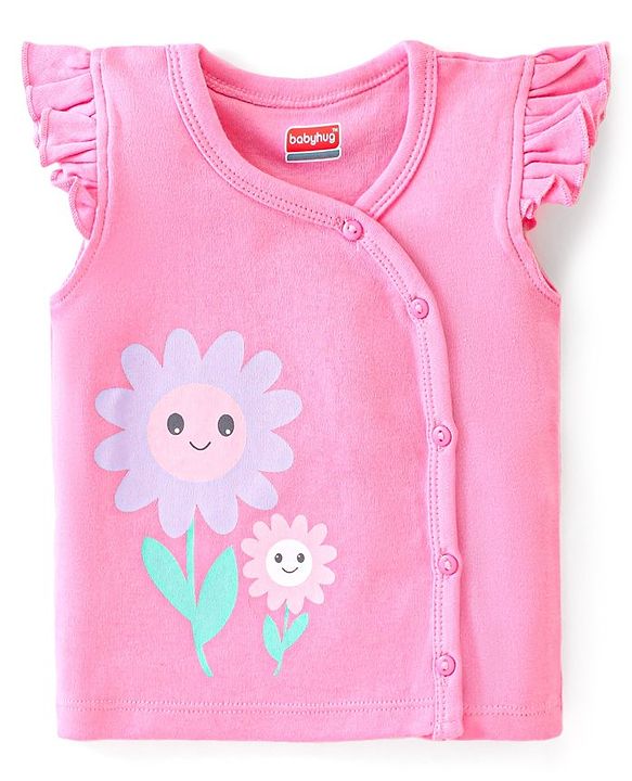 Babyhug 100% Cotton Knit Anti Bacterial Frill Sleeves Vests With Floral Print Pack of 3 - Pink & Purple