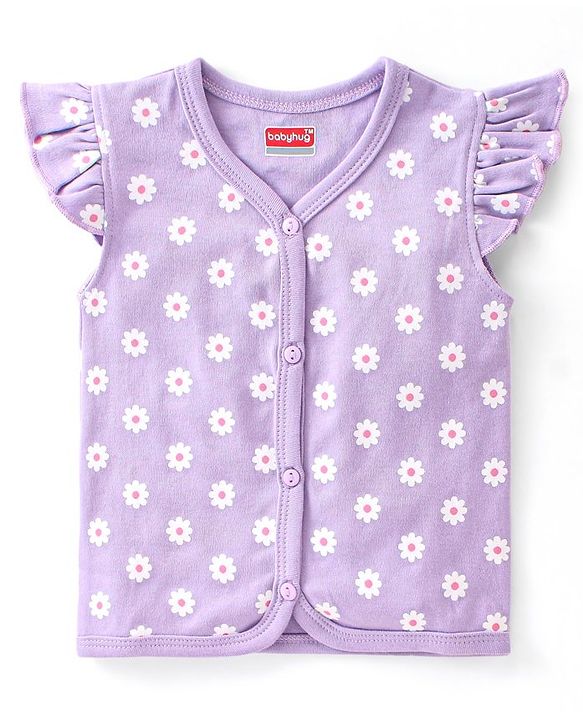 Babyhug 100% Cotton Knit Anti Bacterial Frill Sleeves Vests With Floral Print Pack of 3 - Pink & Purple