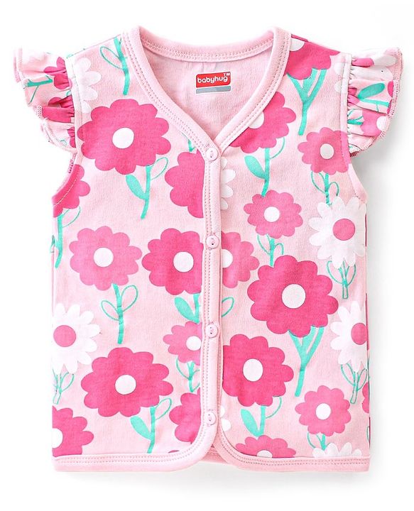 Babyhug 100% Cotton Knit Anti Bacterial Frill Sleeves Vests With Floral Print Pack of 3 - Pink & Purple
