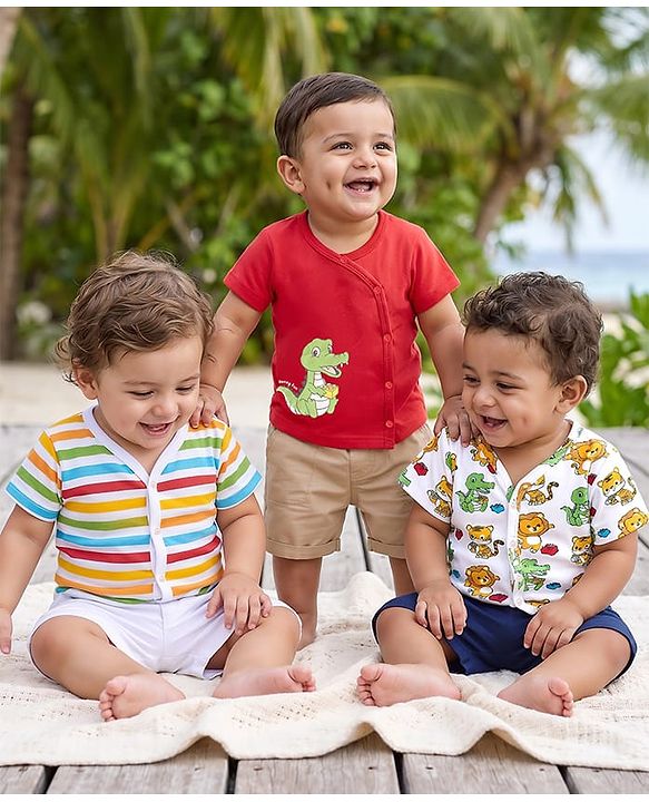 Babyhug 100% Cotton Kint Half Sleeves Antibacterial Front Open Striped Vests Pack of 3 - Multicolor