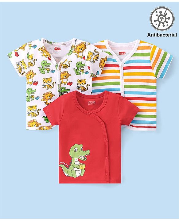 Babyhug 100% Cotton Kint Half Sleeves Antibacterial Front Open Striped Vests Pack of 3 - Multicolor