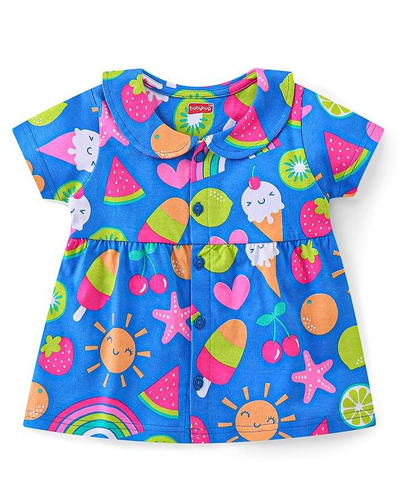 Babyhug Cotton Half Sleeves Night Suit Heart & Fruits Print - Blue