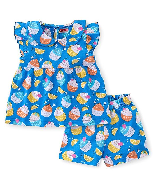 Babyhug Cotton Knit Terry Half Sleeves Night Suit With Ice Cream Print - Blue