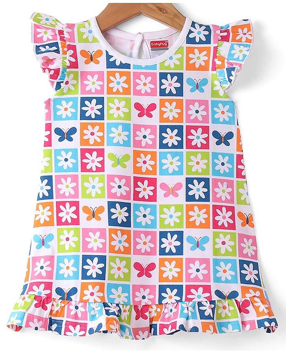 Babyhug Cotton Knit Half Sleeves Nighty Floral Print - Multicolour