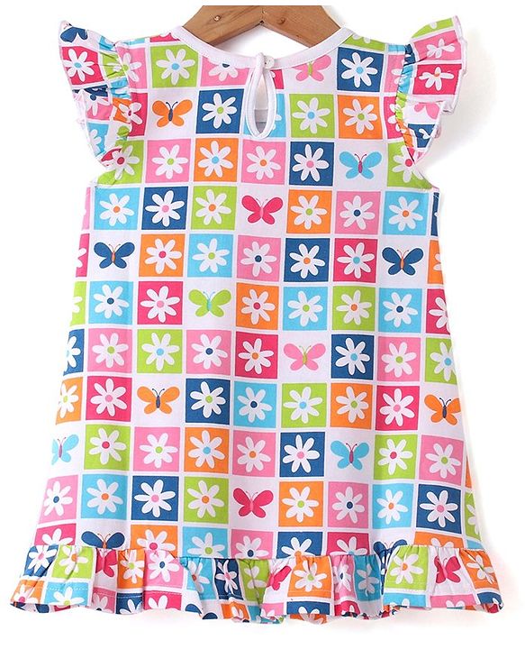 Babyhug Cotton Knit Half Sleeves Nighty Floral Print - Multicolour