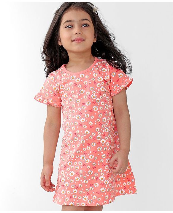Babyhug Cotton Knit Half Sleeves Nighty With Floral Print -Peach