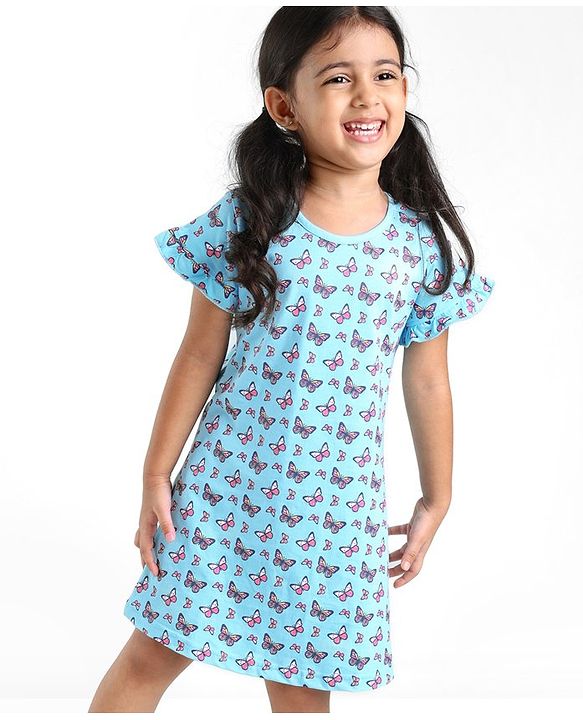 Babyhug Cotton Knit Half Sleeves Nighty With Butterfly Print - Blue