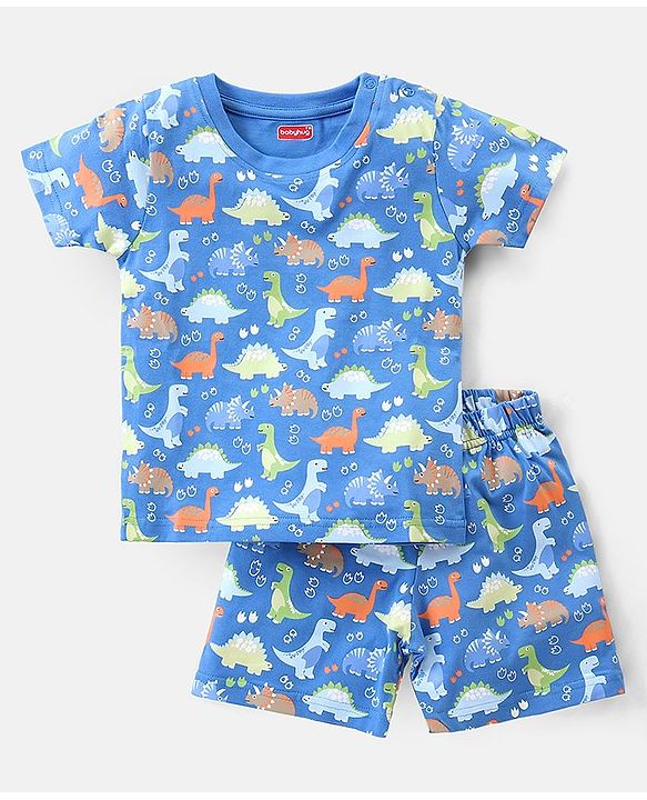 Babyhug Cotton Knit Half Sleeves Dino Printed Night Suit - Blue