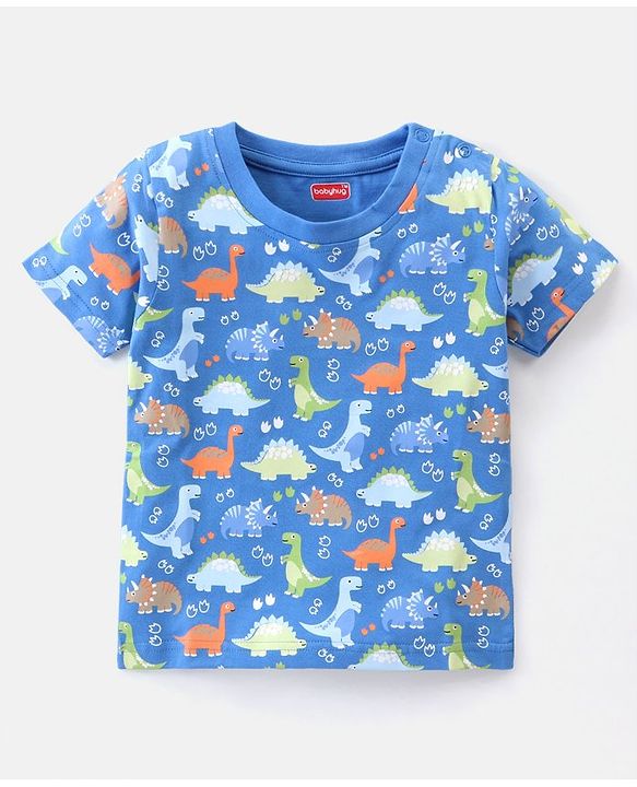 Babyhug Cotton Knit Half Sleeves Dino Printed Night Suit - Blue