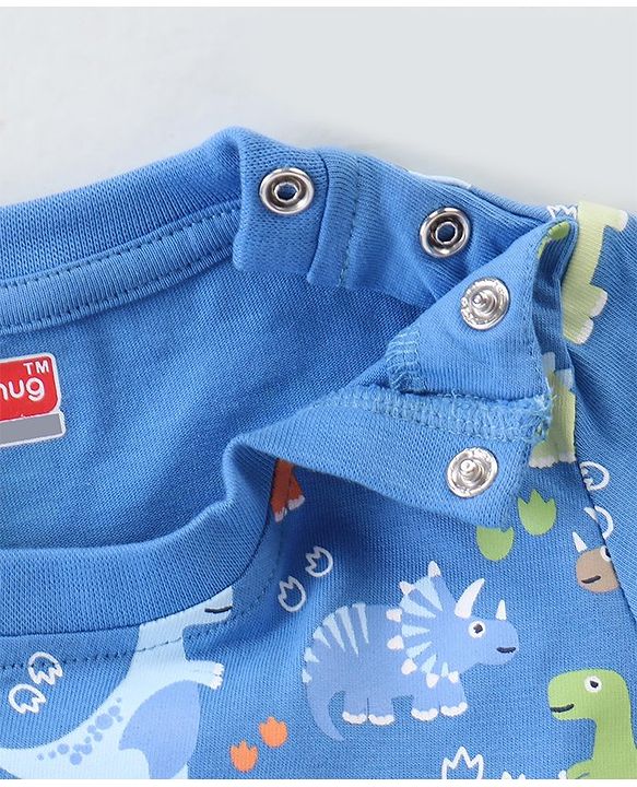 Babyhug Cotton Knit Half Sleeves Dino Printed Night Suit - Blue