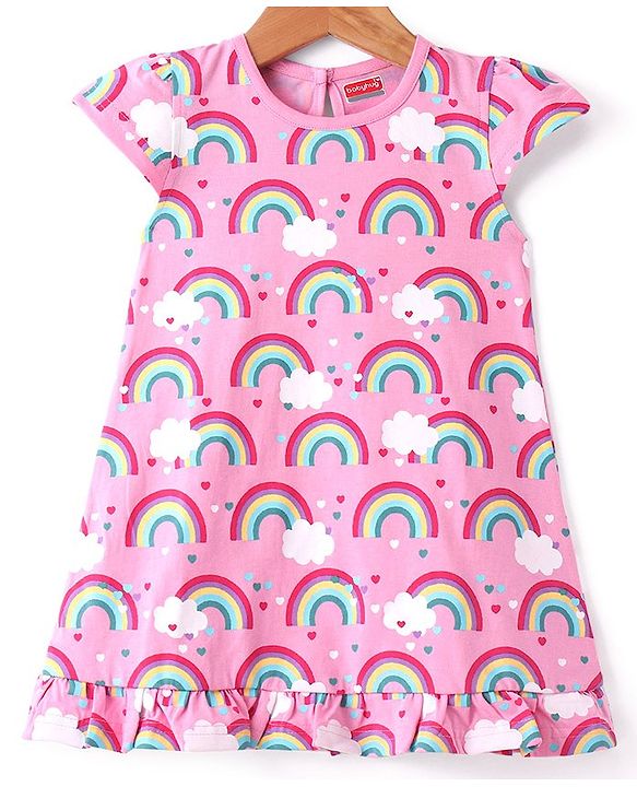 Babyhug Cotton Knit Half Sleeves Nighty With Rainbow Print - Pink