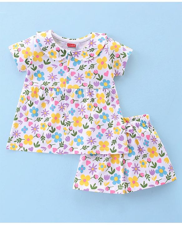 Babyhug Cotton Knit Terry Half Sleeves Night Suit With Floral Print - White