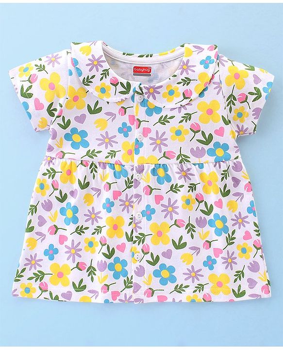 Babyhug Cotton Knit Terry Half Sleeves Night Suit With Floral Print - White