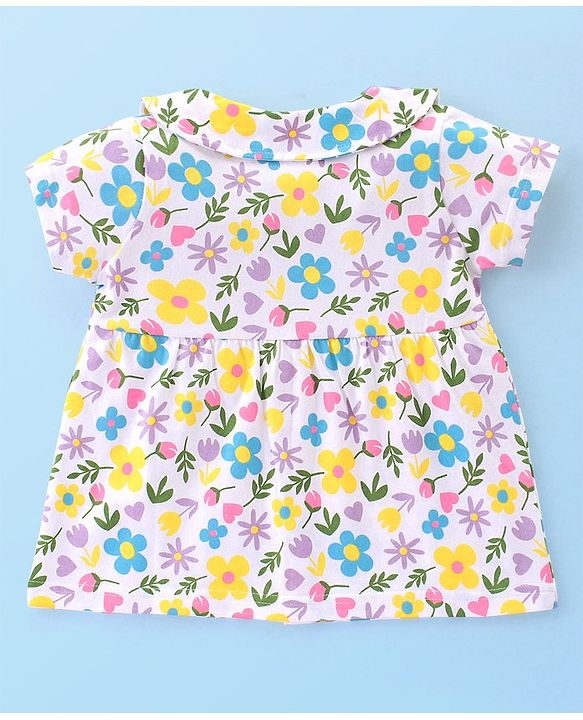 Babyhug Cotton Knit Terry Half Sleeves Night Suit With Floral Print - White