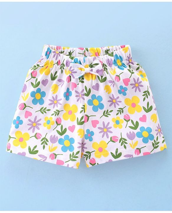 Babyhug Cotton Knit Terry Half Sleeves Night Suit With Floral Print - White