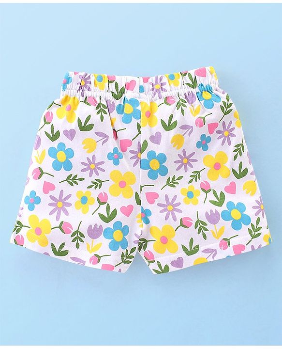 Babyhug Cotton Knit Terry Half Sleeves Night Suit With Floral Print - White