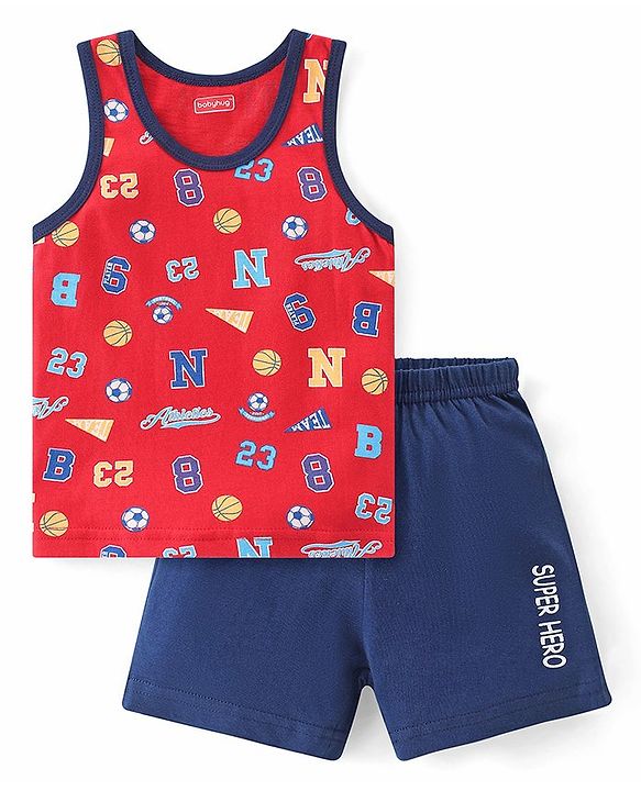 Babyhug 100% Cotton Knit Sleeveless Sando & Shorts Set Number Print -Navy Blue & Red