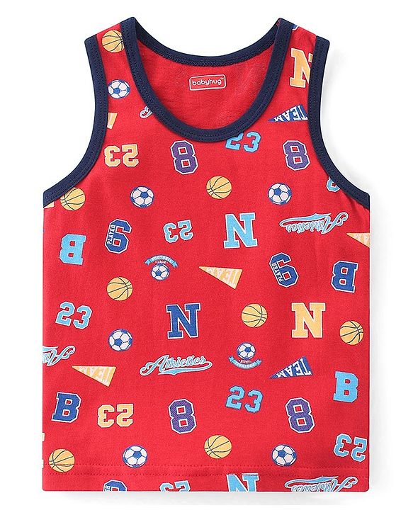 Babyhug 100% Cotton Knit Sleeveless Sando & Shorts Set Number Print -Navy Blue & Red
