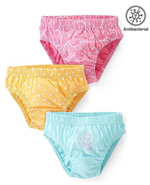 Babyhug 100% Cotton Antibacterial Panties Polka Dot Print Pack of 3 - Pink Yellow & Blue