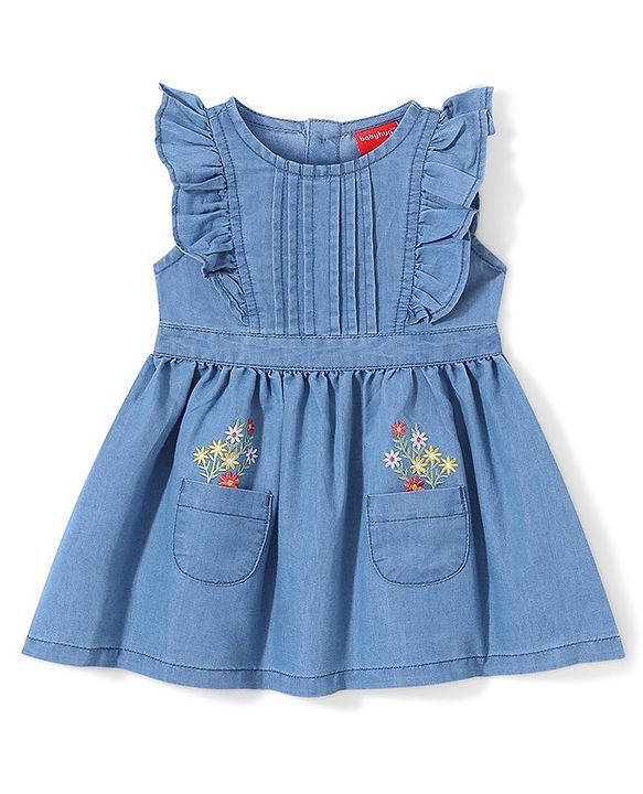 Babyhug Denim Frilled Sleeves A-Line Frock with Floral Embroidery - Blue