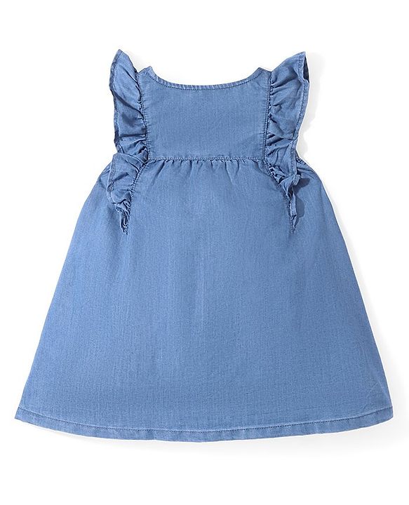 Babyhug Denim Knit Sleeveless Frock Floral Embroidery - Blue