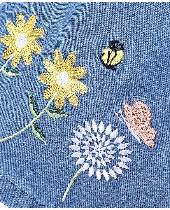 Babyhug Denim Knit Sleeveless Frock Floral Embroidery - Blue