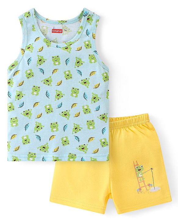 Babyhug 100% Cotton Single Jersey Knit Sleeveless Sando & Shorts Set Frog Print - Green & Yellow