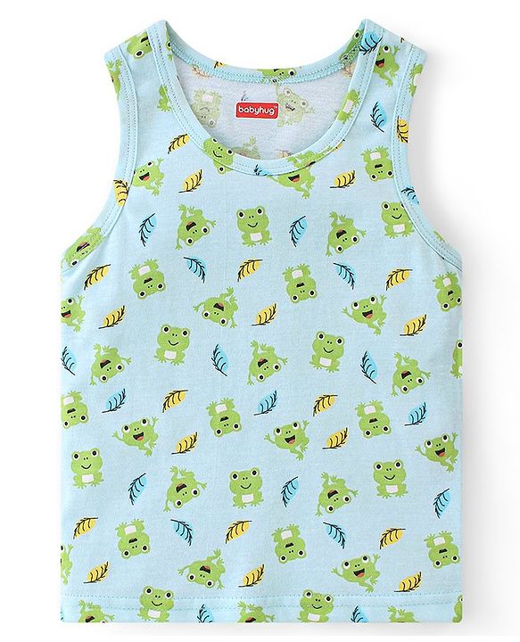 Babyhug 100% Cotton Single Jersey Knit Sleeveless Sando & Shorts Set Frog Print - Green & Yellow