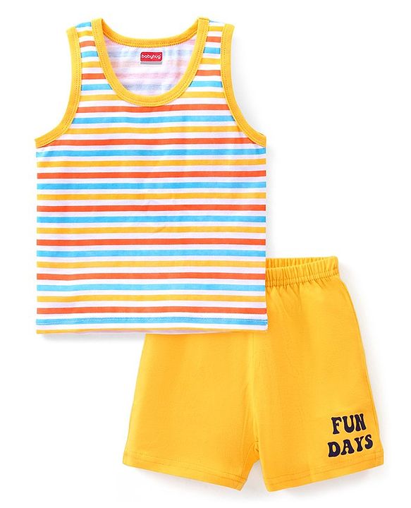 Babyhug 100% Cotton  Sleeveless Sando & Shorts Set Striped & Text Print - Yellow
